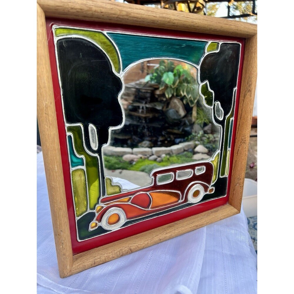 Vintage 1970s Reverse Painted Glass Mirror Art Deco Classic Car Wood Frame 13x14